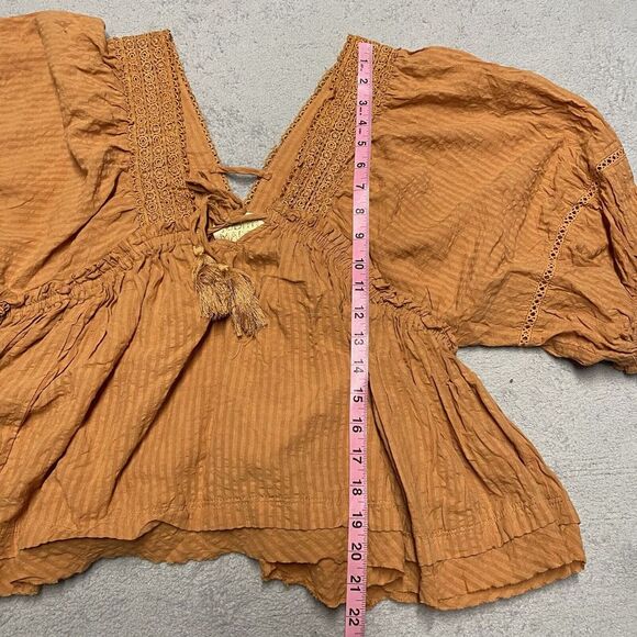 Judith March Top Size Small Rustic Orange Balloon Sleeve V Neck Puff Boho Tie - Picture 4 of 7